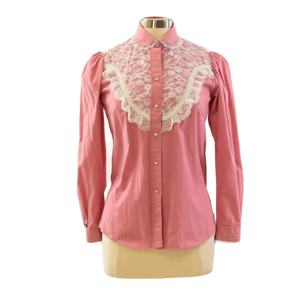 80s Rockmount Ranch Wear "Crystal Palace" Pink Lace Western Pearl Snap Top M 10